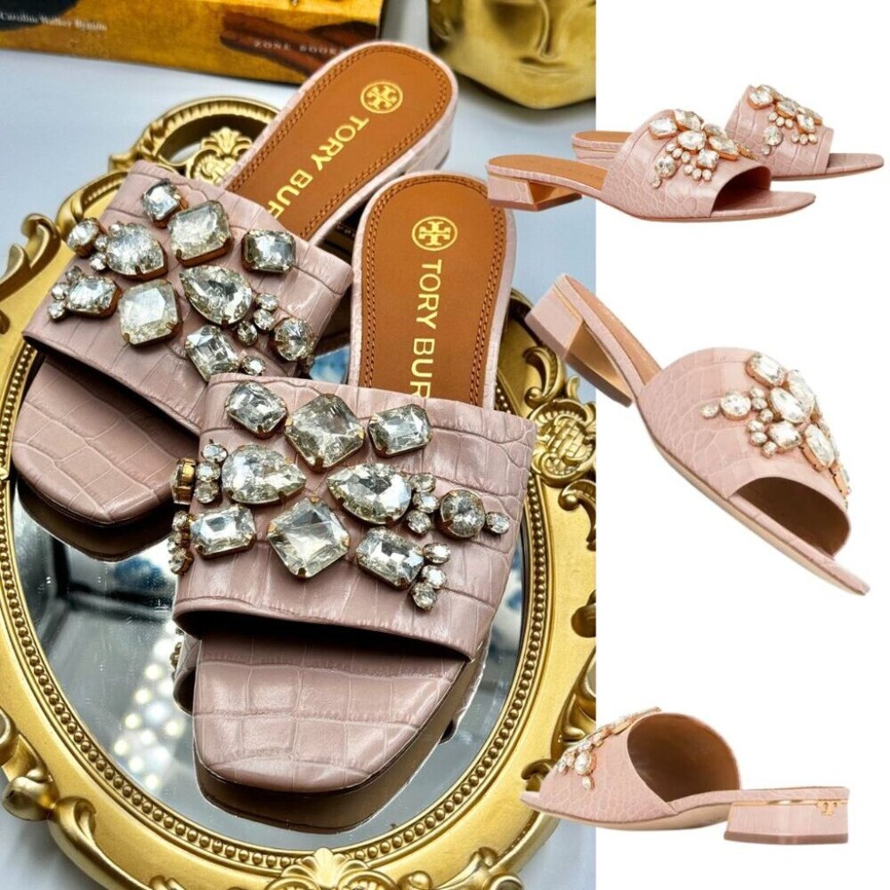 🆕 TORY BURCH 🧿 NWOT Martine 25mm Slides, Pink Croc Embossed Crystal, Sz 7